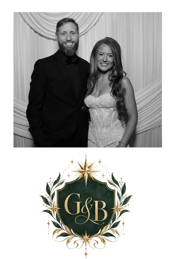 Print with a couple portrait above an emerald and gold G&B crest